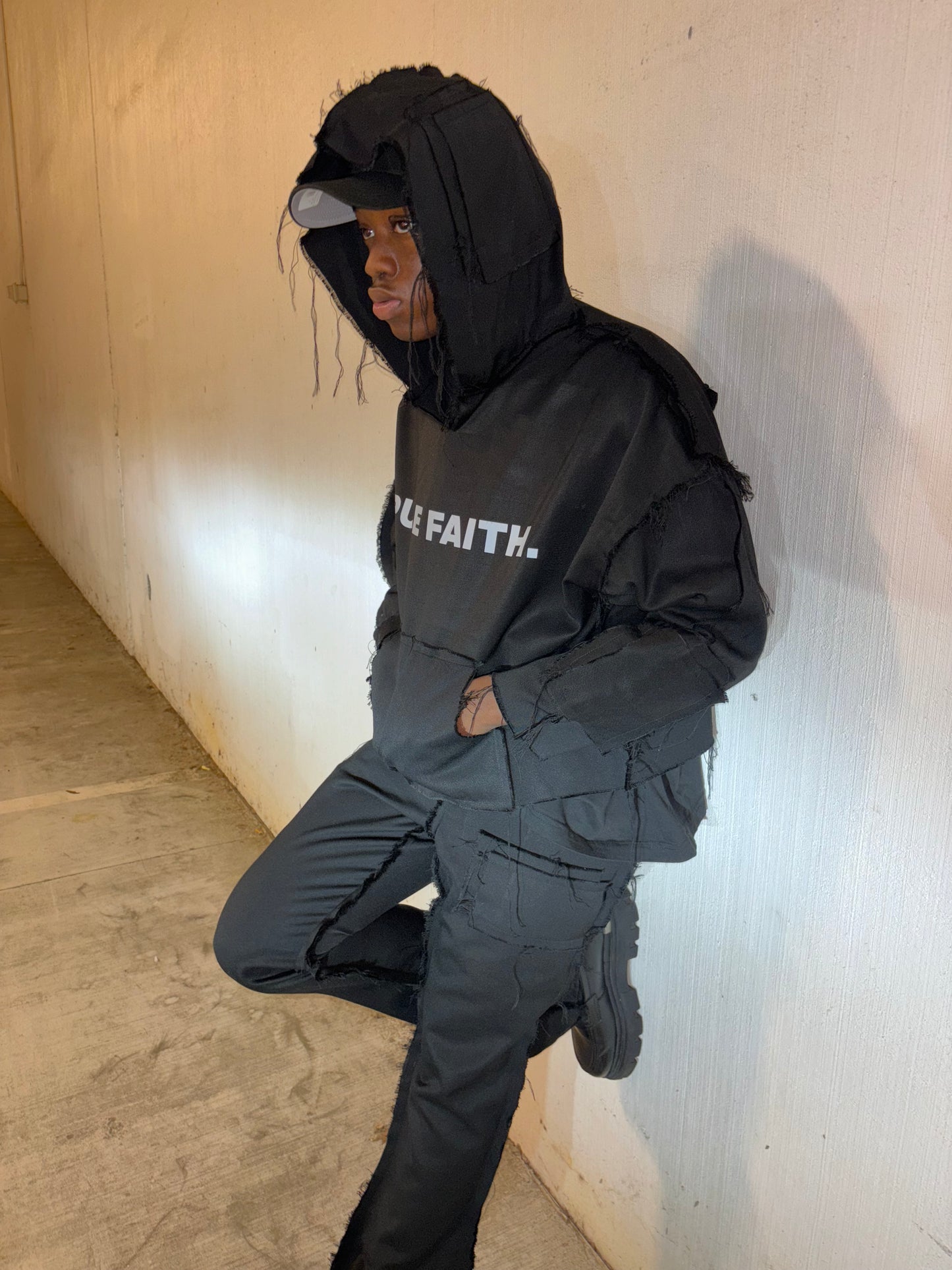 BLACK DISTRESSED DENIM HOODIE