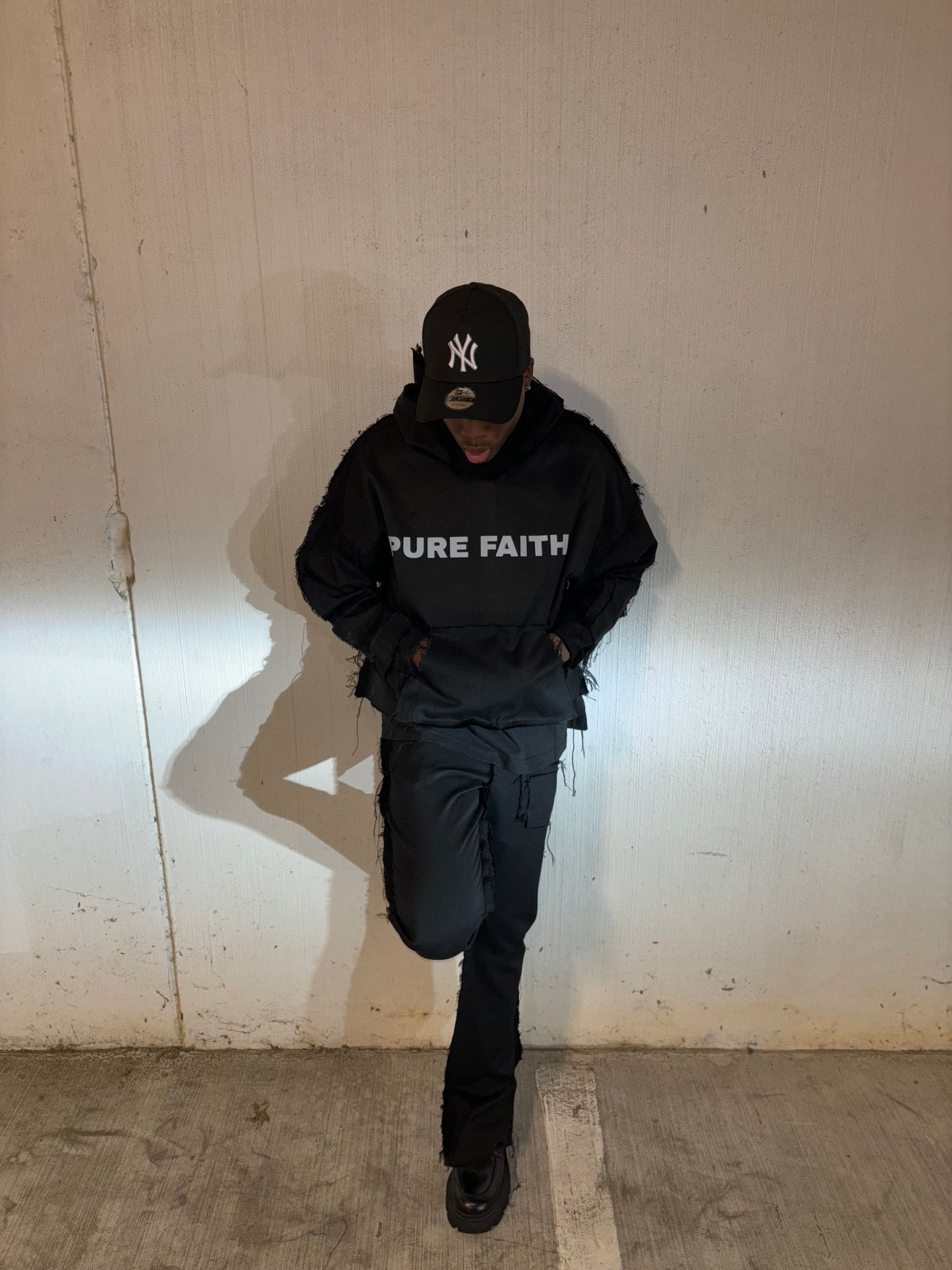 BLACK DISTRESSED DENIM HOODIE