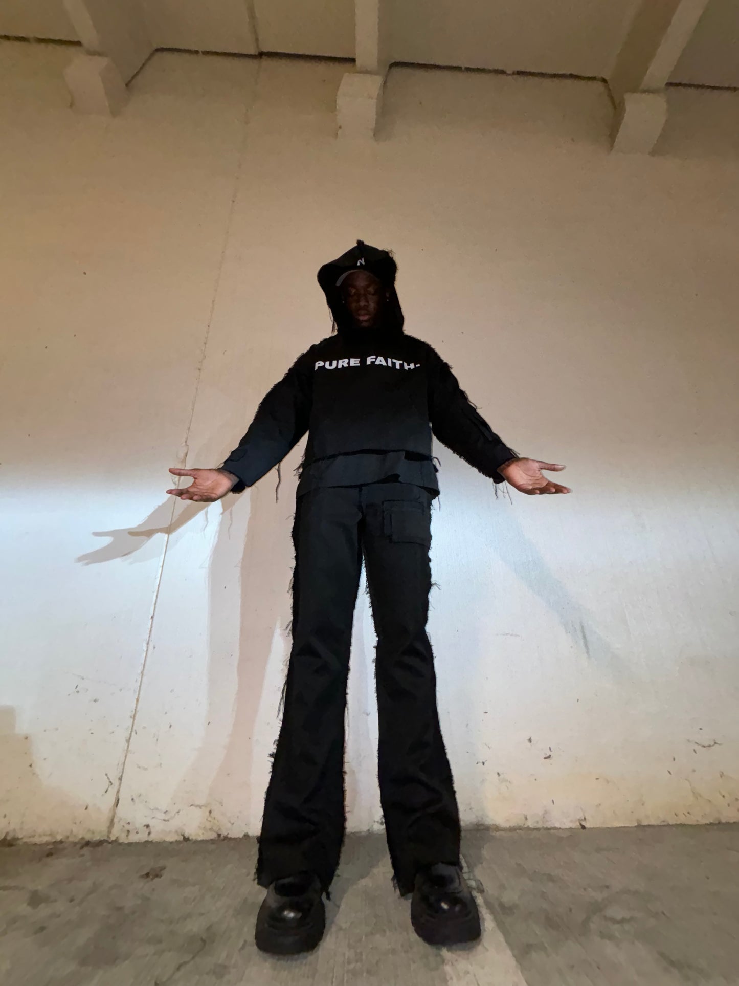 BLACK DISTRESSED DENIM HOODIE