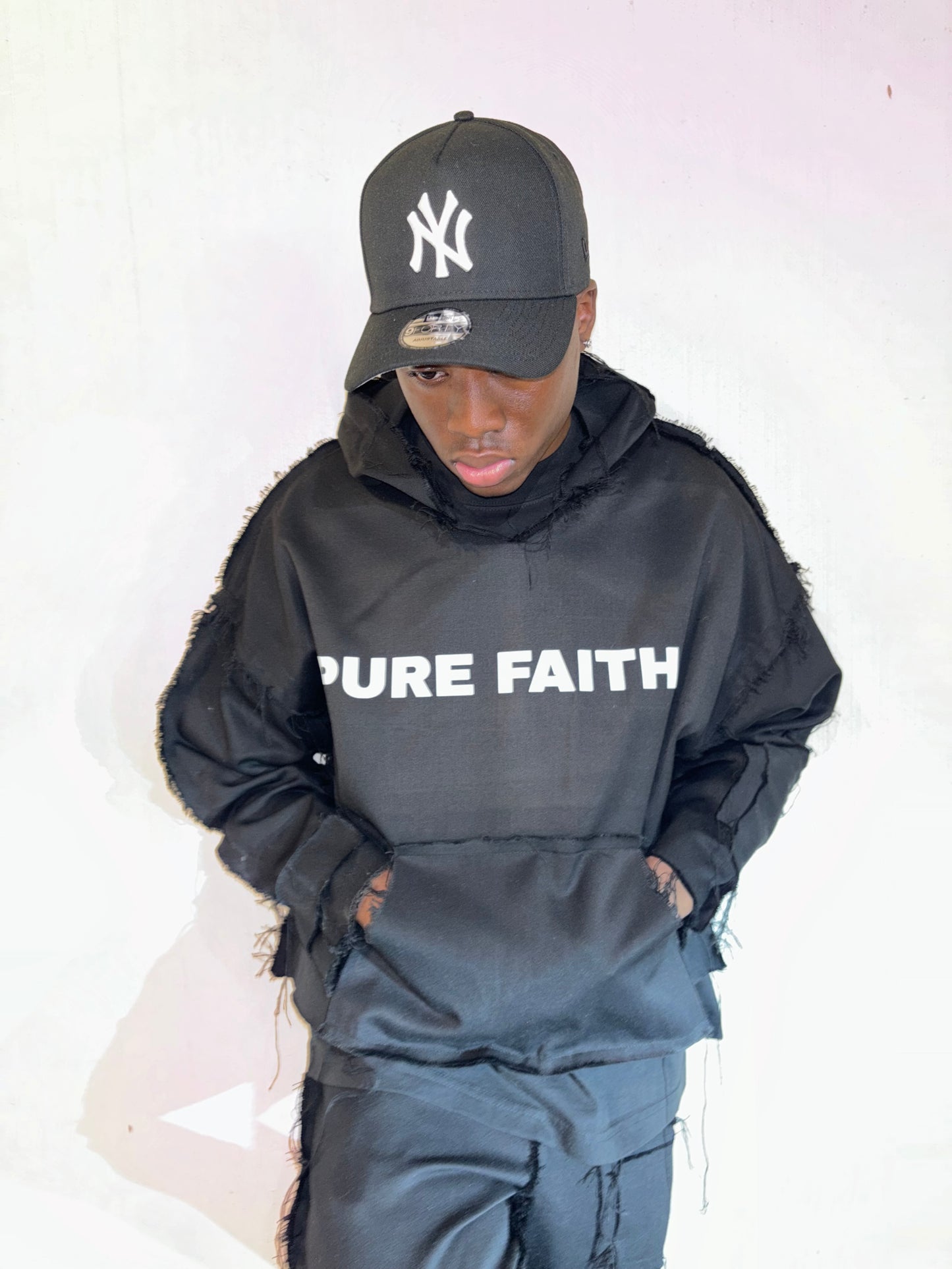 BLACK DISTRESSED DENIM HOODIE