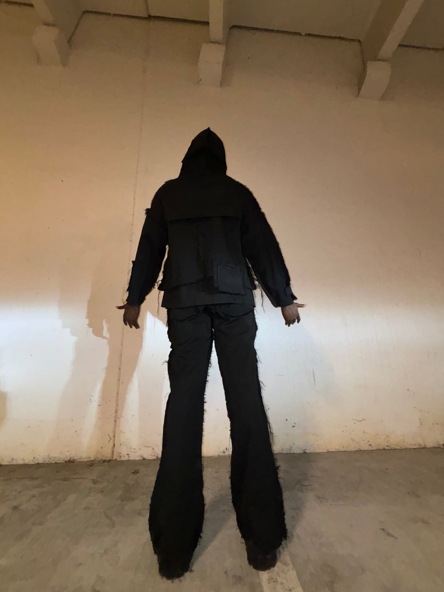 BLACK DISTRESSED DENIM HOODIE