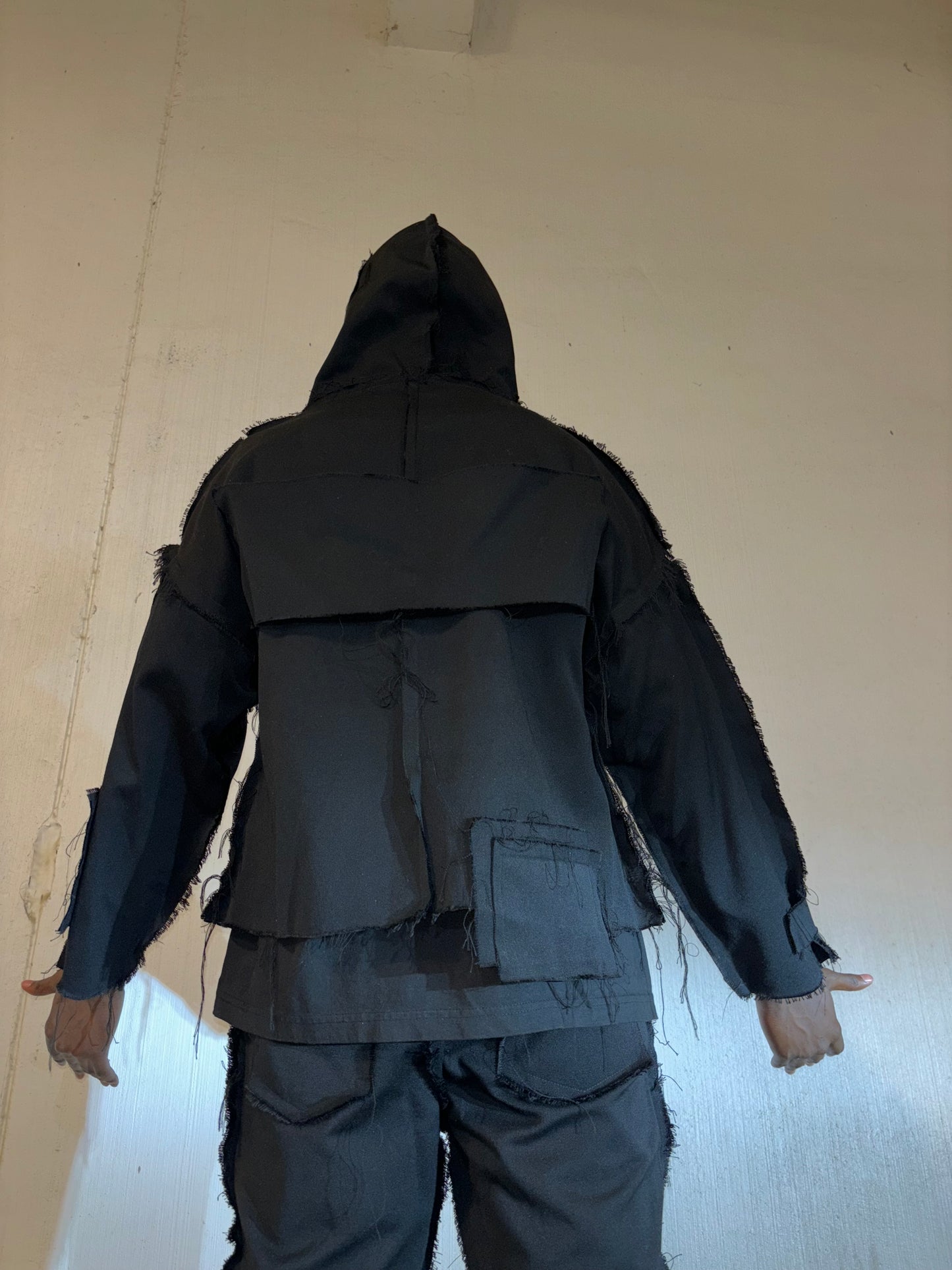 BLACK DISTRESSED DENIM HOODIE